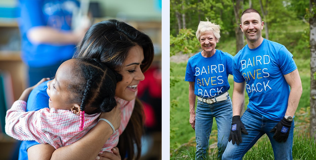 The left image is a woman embracing a child while volunteering. The right image showcases Kim Fleming and Max Mann wearing Liberty Gives Back t-shirts at an outdoor volunteer event.